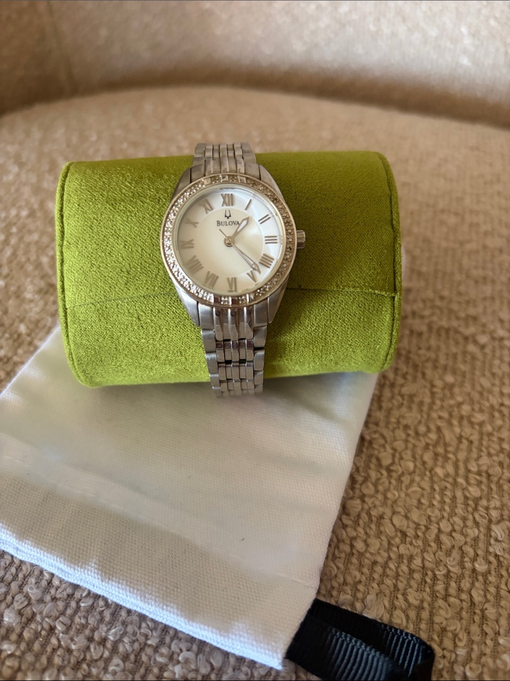 Bulova Silver Watch with White Dial and Crystal Bezel